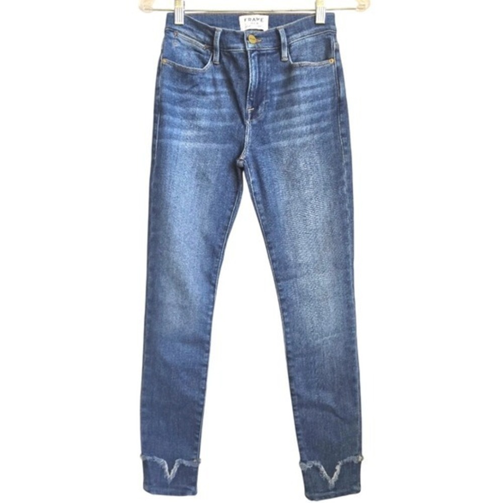 FRAME Le High Skinny Jeans Blue Wash Raw Hem Distressed Women's Size 25